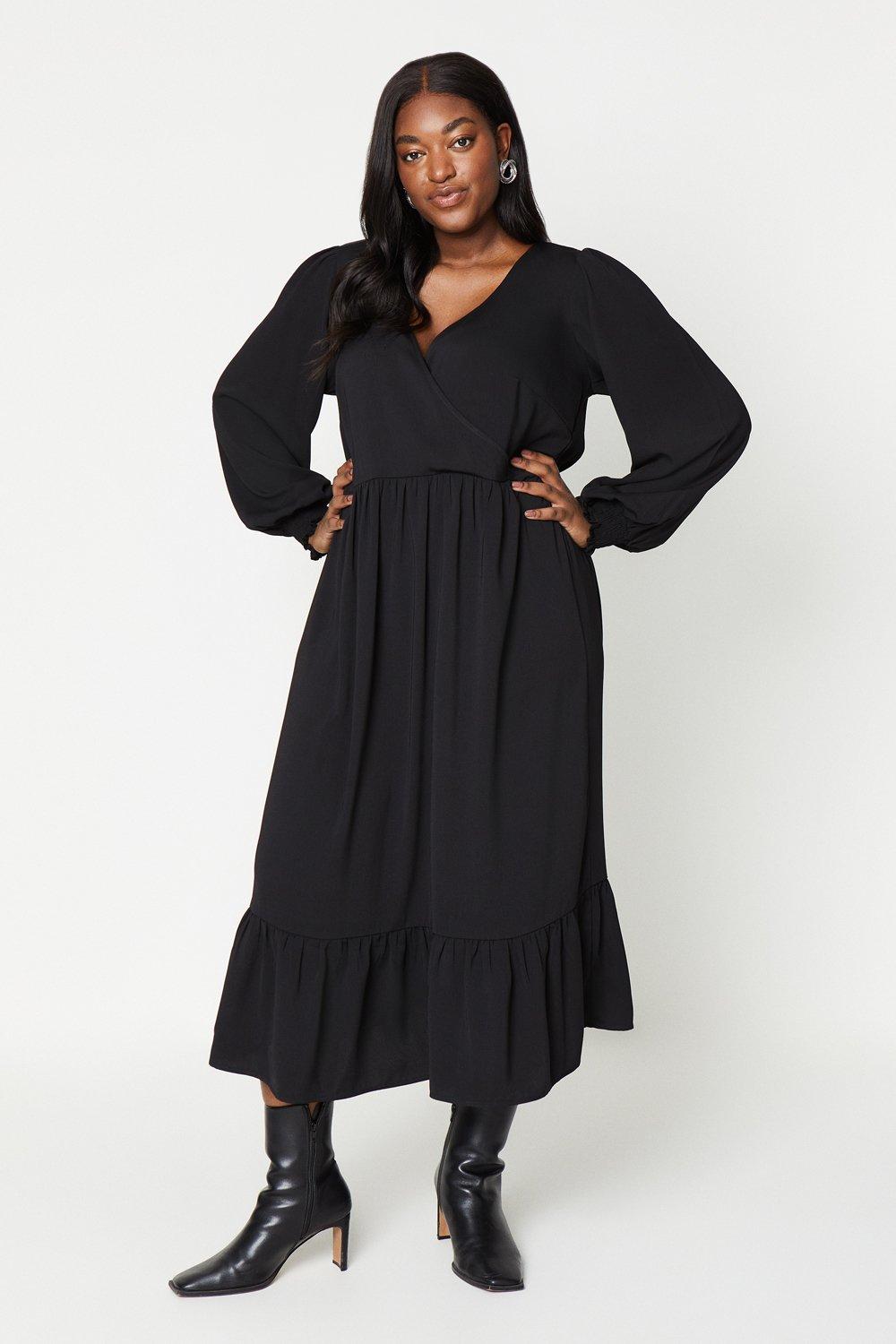 Womens Curve Black Wrap Midi Dress