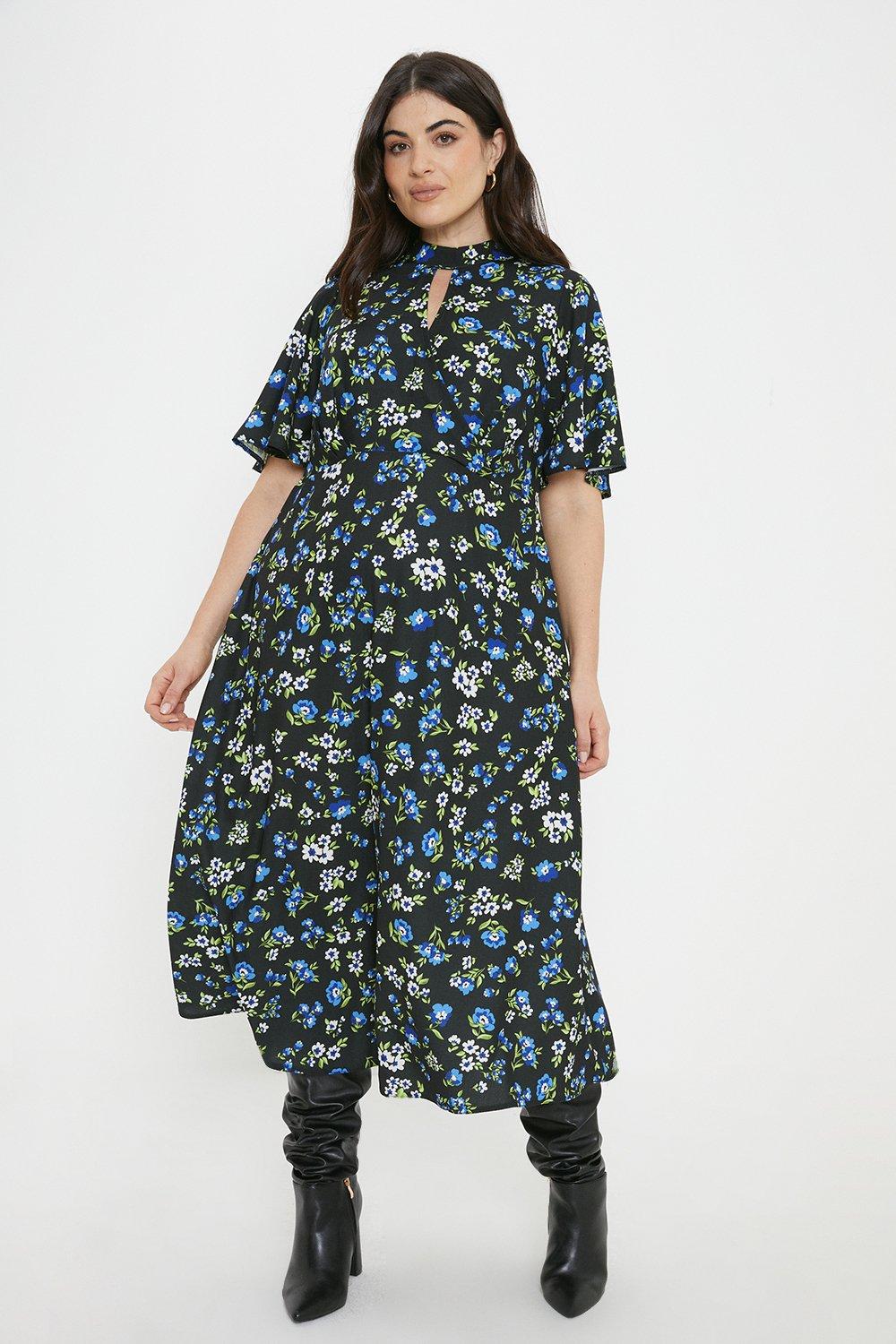 Women's Curve Mono Floral Keyhole Angel Sleeve Midi Dress - 20 product