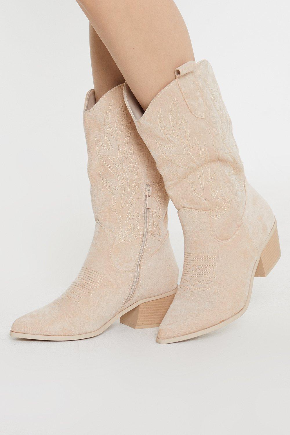 Women's Kenny Low Heel Stitched Western Knee Boots - beige - 5