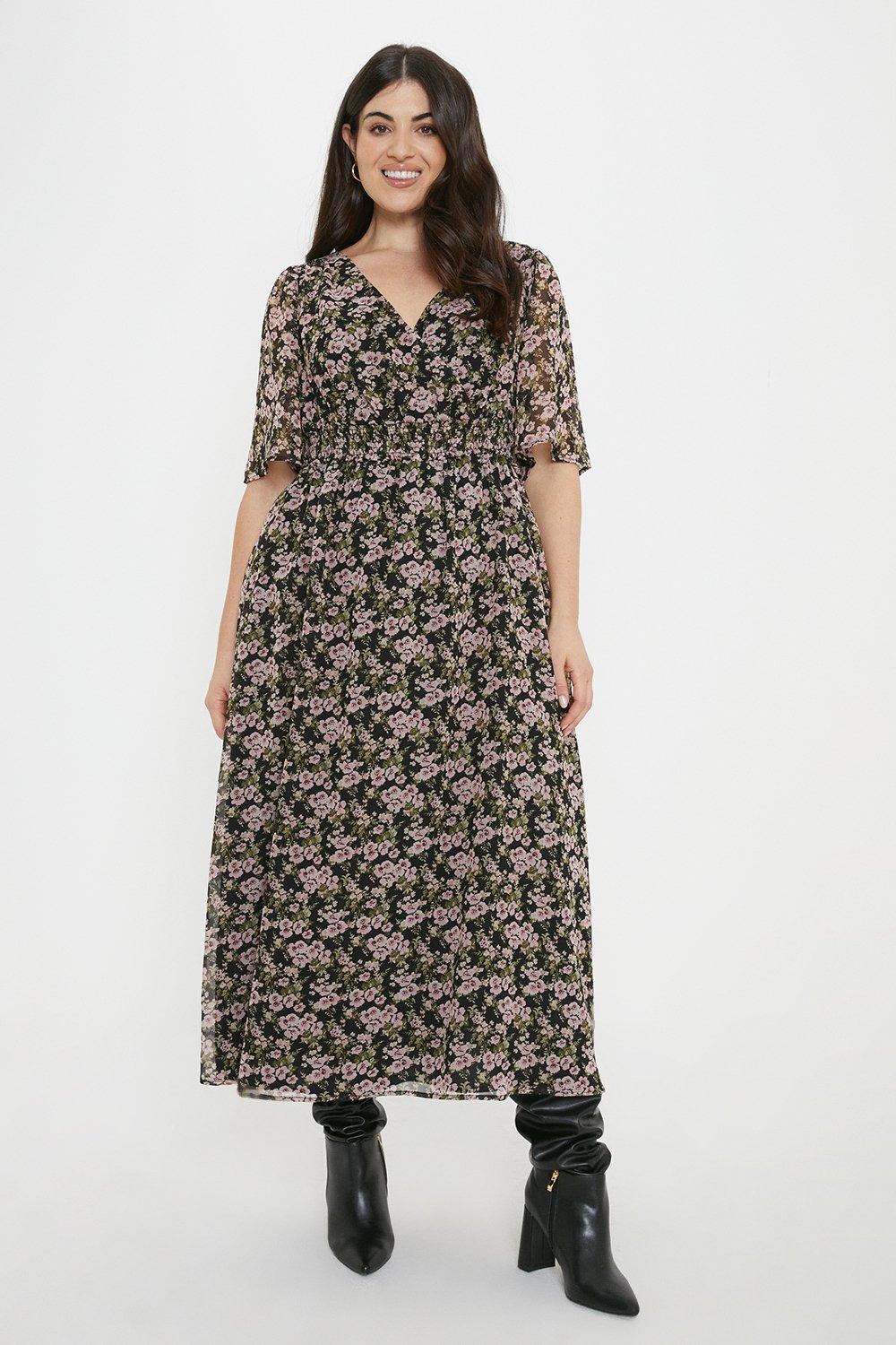 Women’s Curve Black Floral Wrap Midi Dress - 28