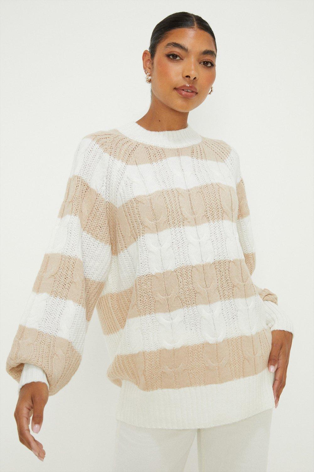 Women’s Stripe Cable High Neck Tunic Jumper - camel - S