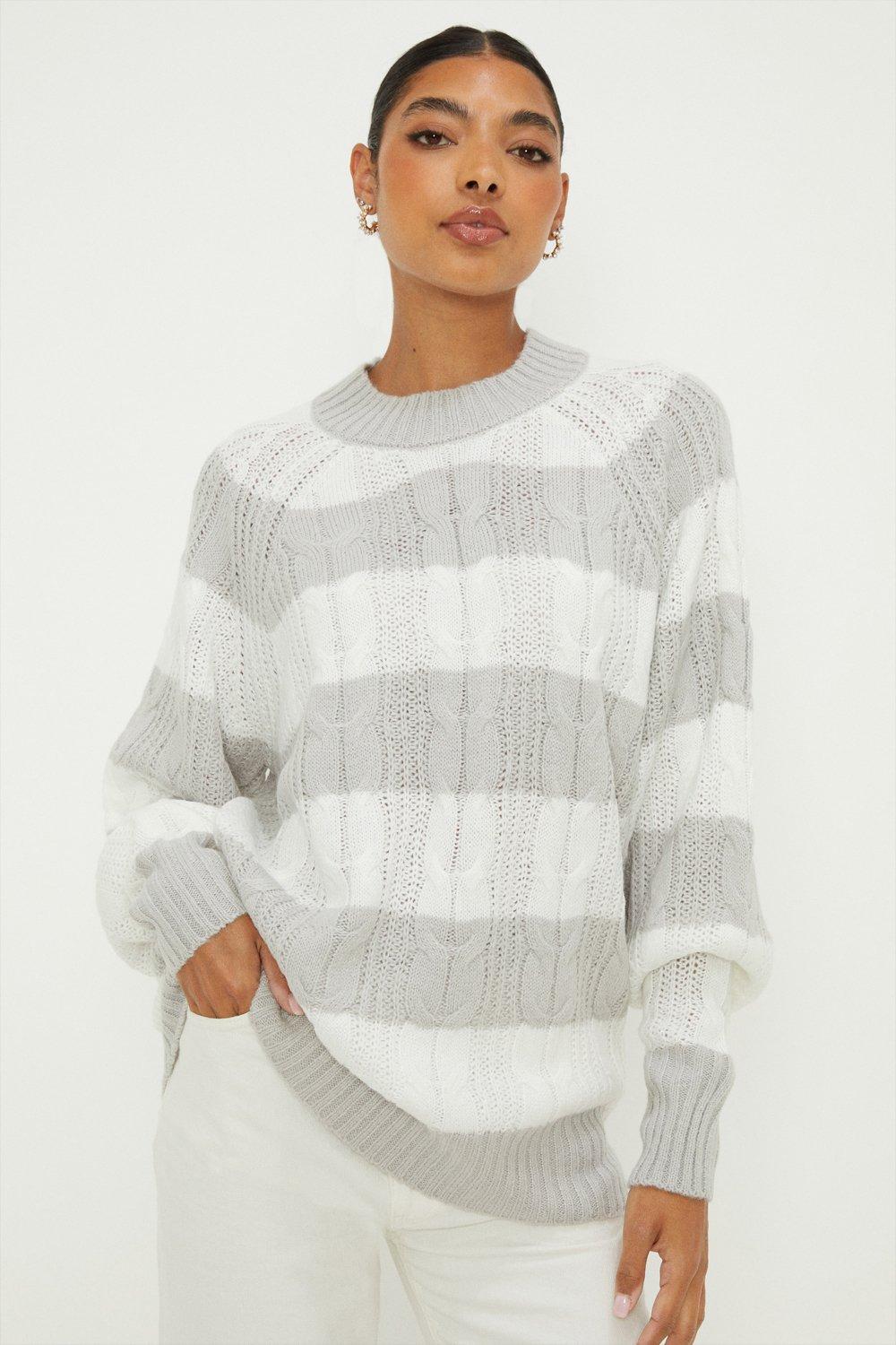 Women’s Stripe Cable High Neck Tunic Jumper - grey - XS