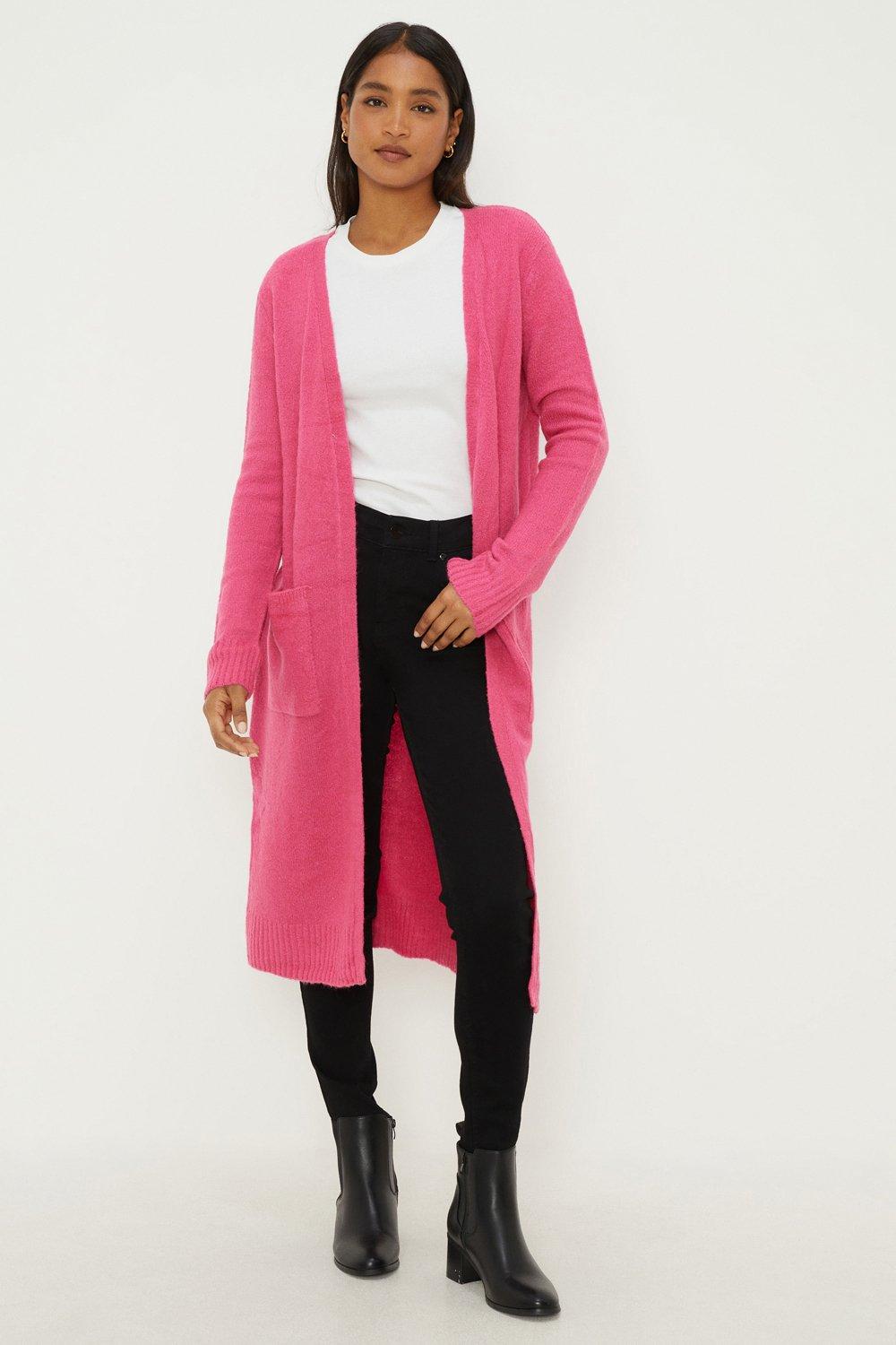 Long pink cardigan hot sale with pockets