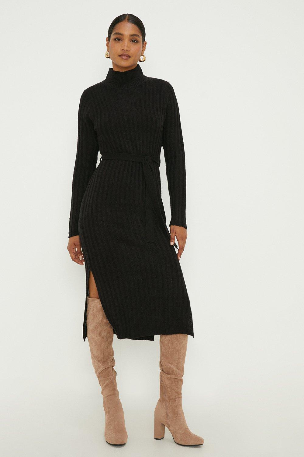 Women's Belted Ribbed Knitted Dress - black - M
