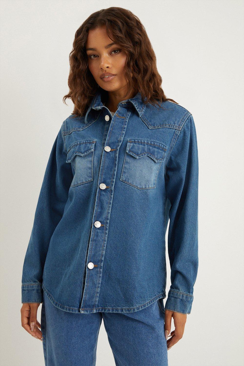 Women’s Petite Denim Fitted Western Shirt - mid wash - S