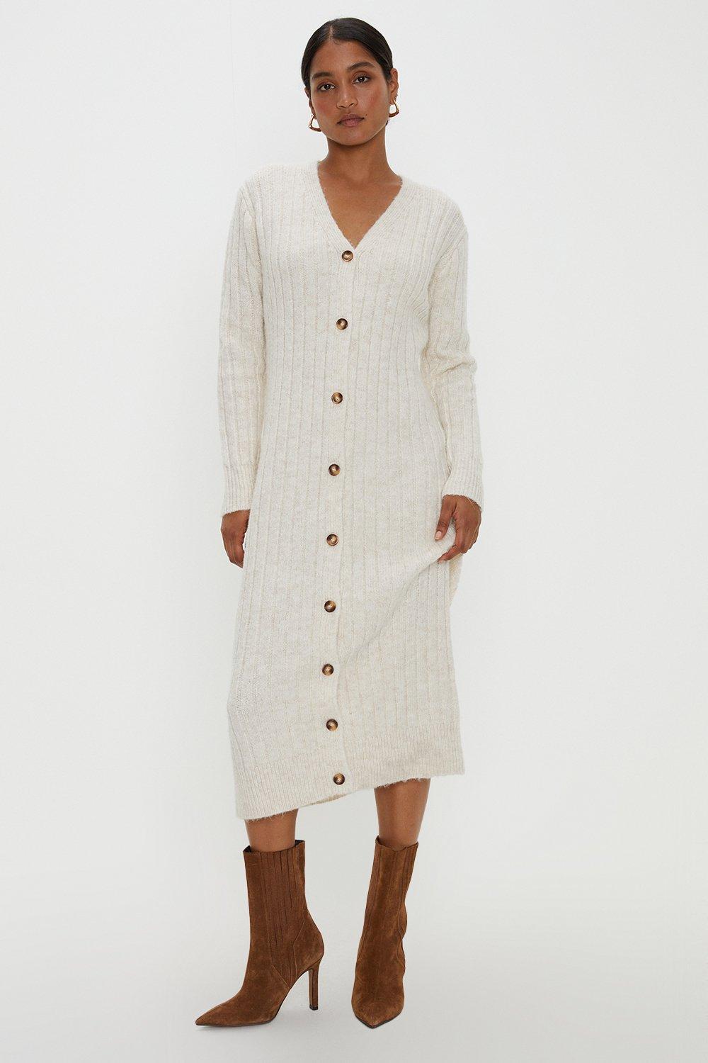Womens Chunky Knit Button Through Midi Dress