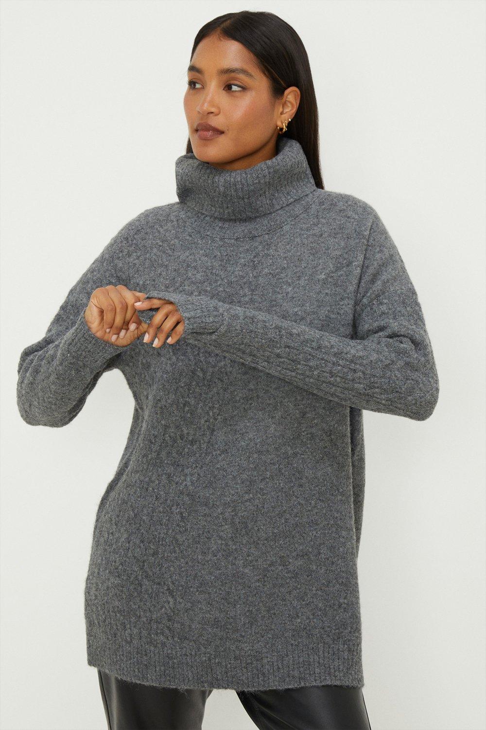 Women's Longline Angle Cable Jumper - grey marl - S