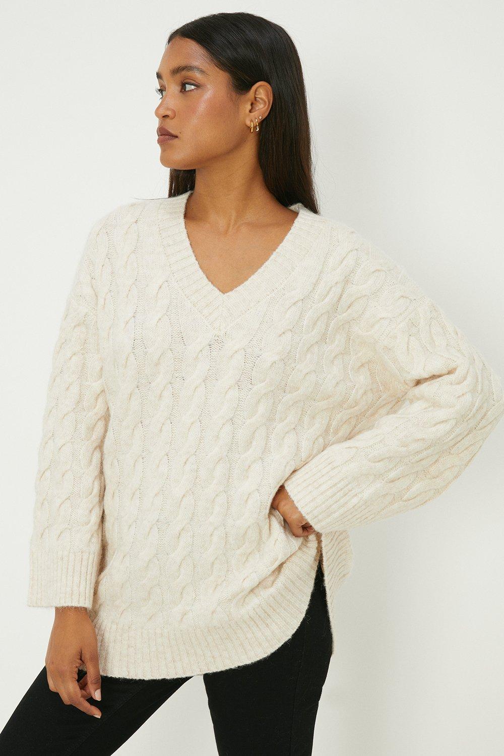 Womens V-neck Chunky Cable Tunic