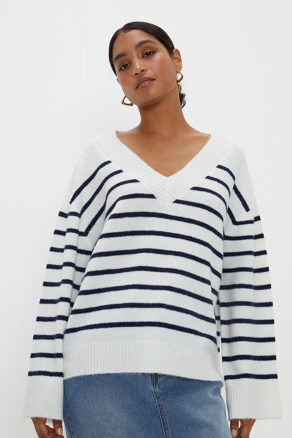 Women's V Neck Stripe Knitted Jumper - white - XL