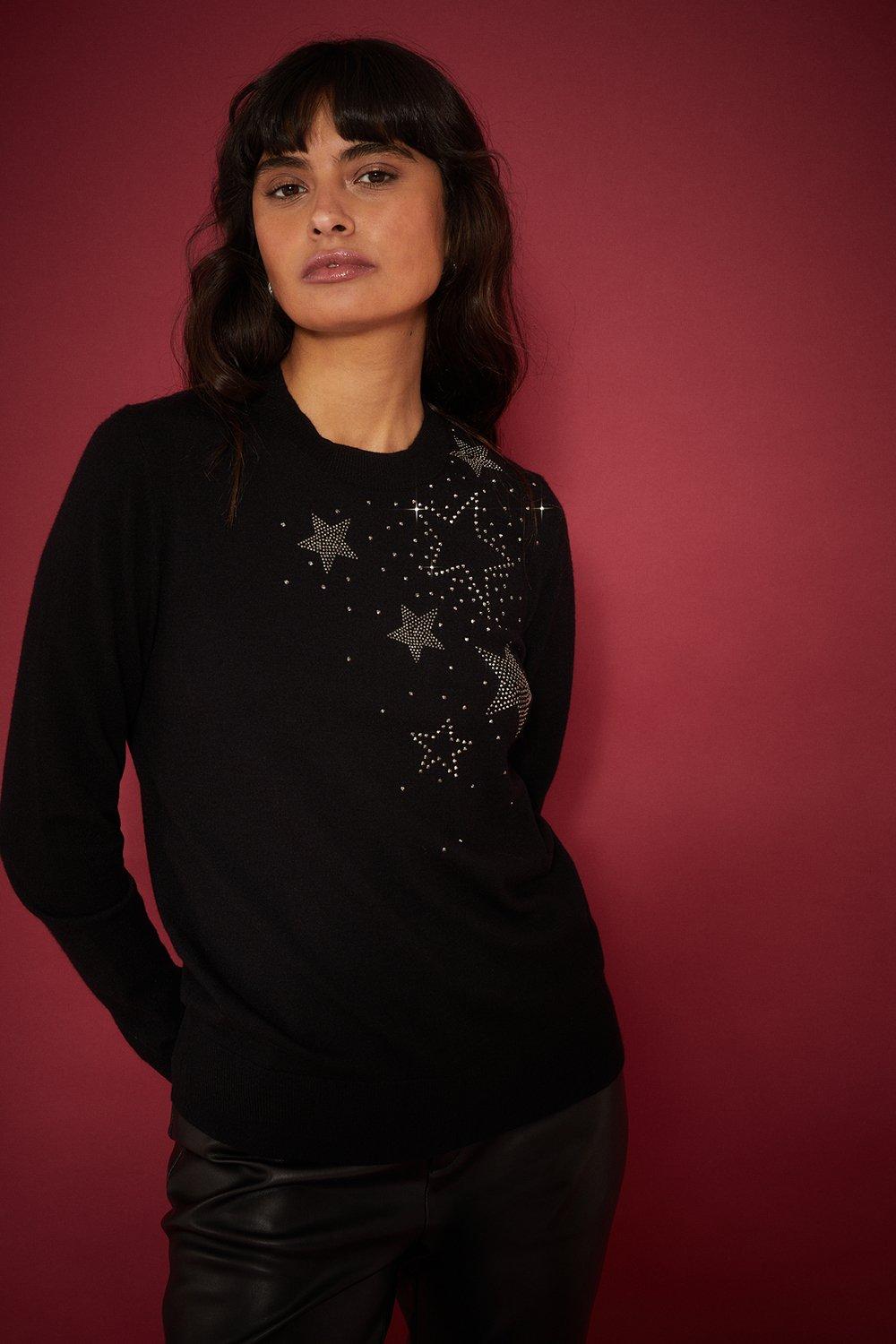 Women’s Embellished Star Knitted Jumper - black - L
