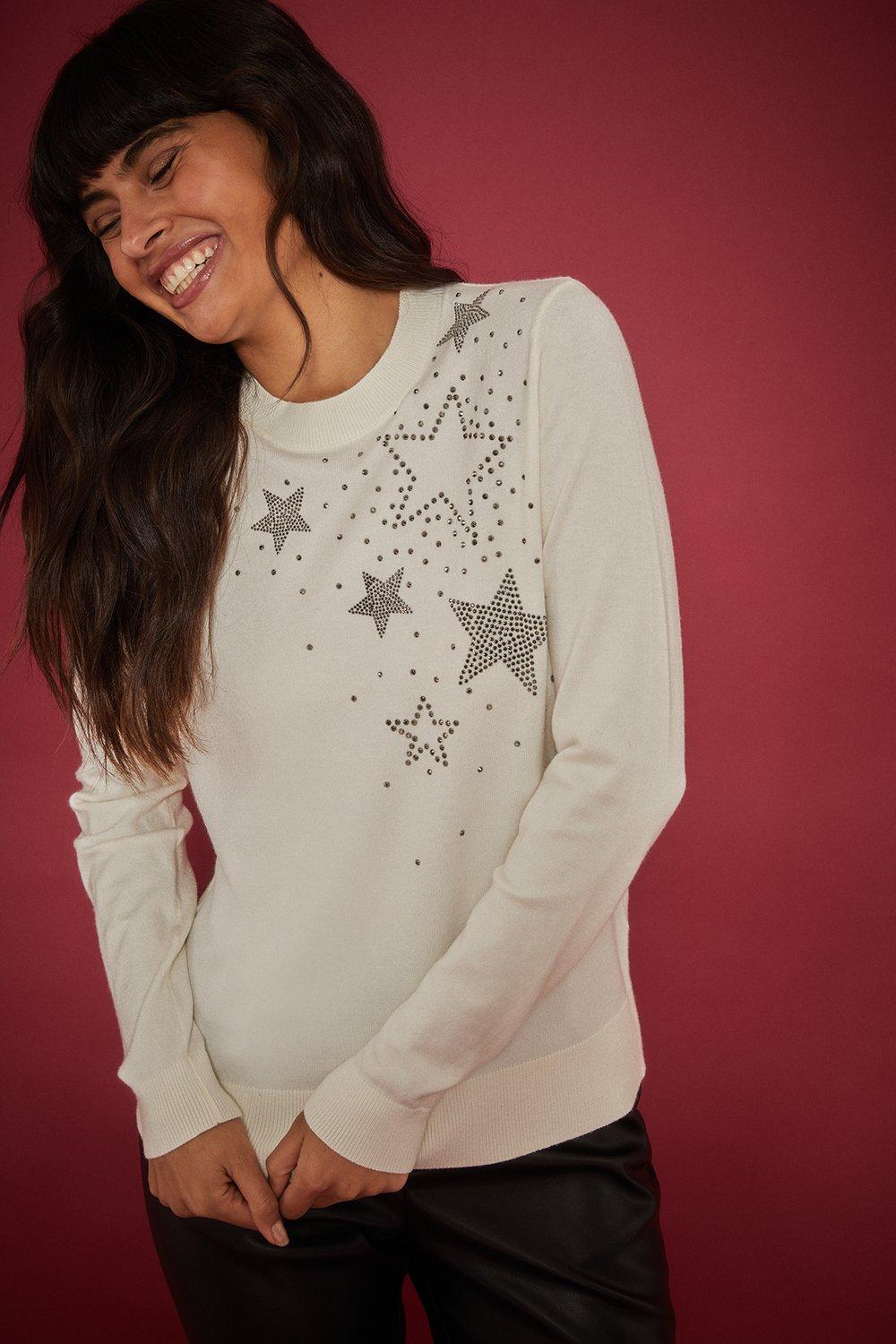 Womens Embellished Star Knitted Jumper