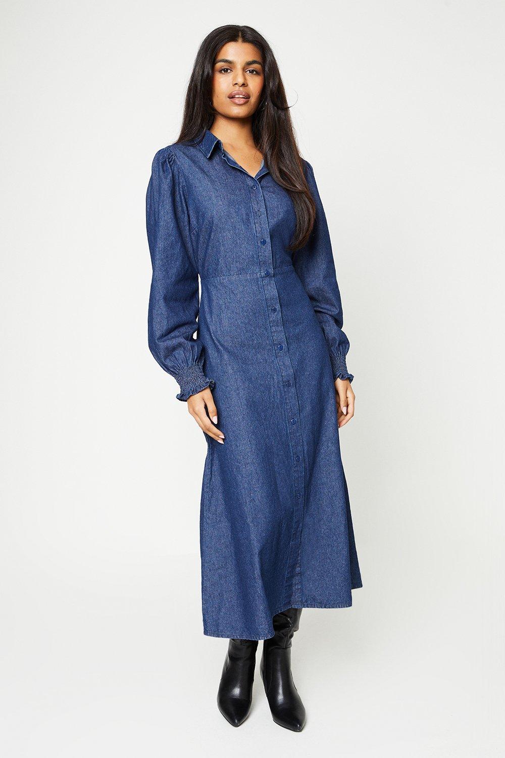 Women’s Petite Denim Shirred Cuff Shirt Midi Dress - washed indigo - 16