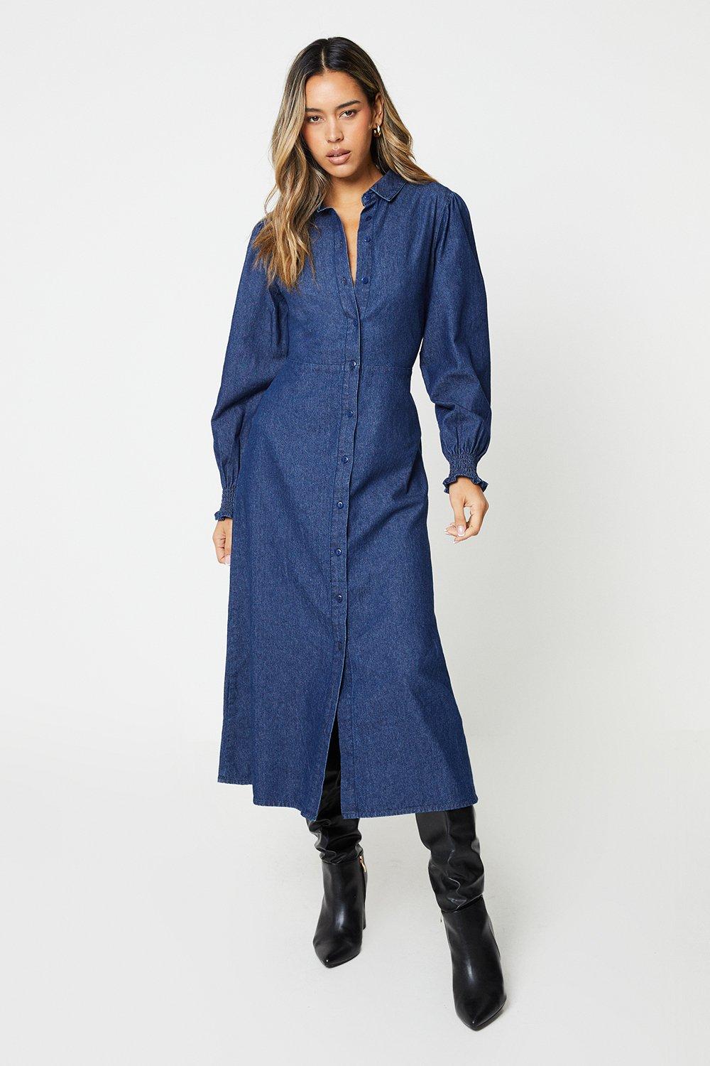 Women’s Denim Shirred Cuff Shirt Midi Dress - washed indigo - 14