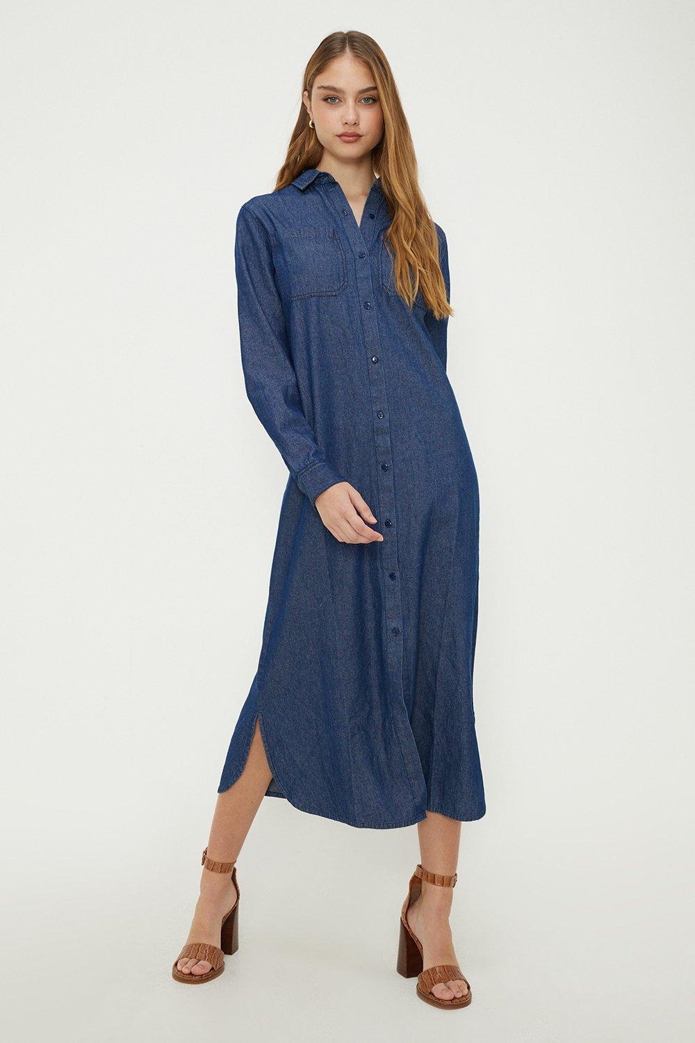 Women’s Denim Shirt Midi Dress - washed indigo - 14