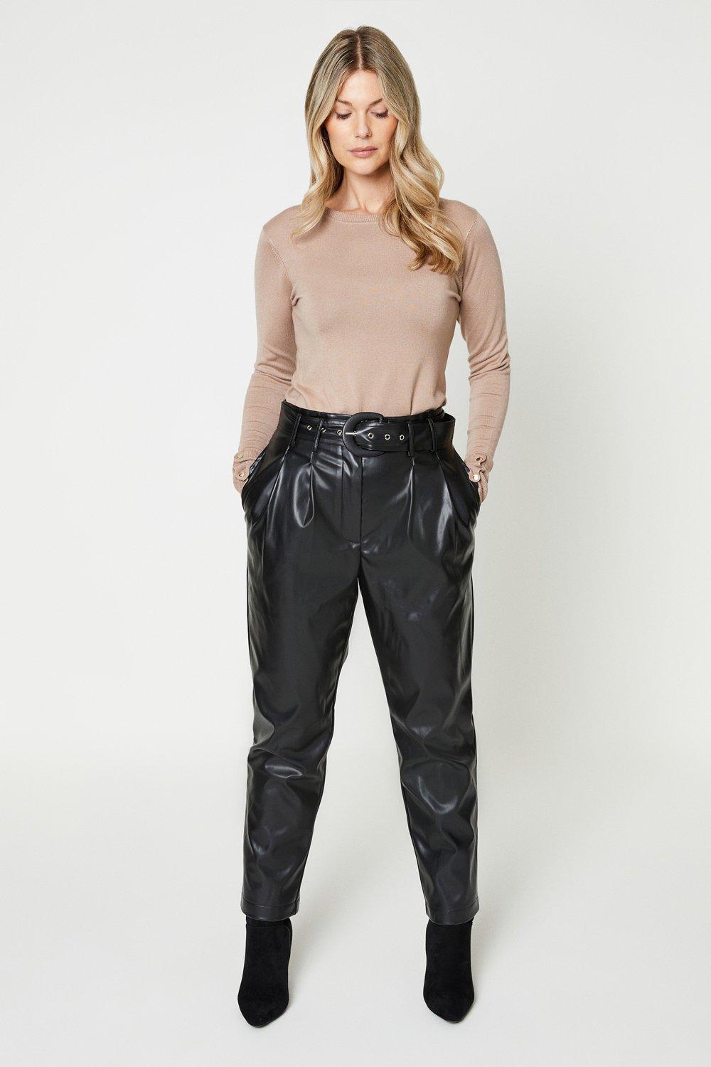 faux leather belted trousers