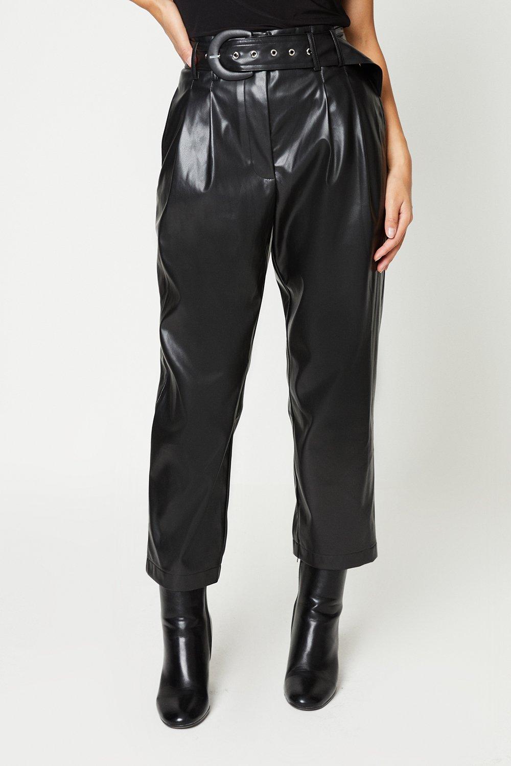 Womens Petite Faux Leather Belted Slim Leg Trouser