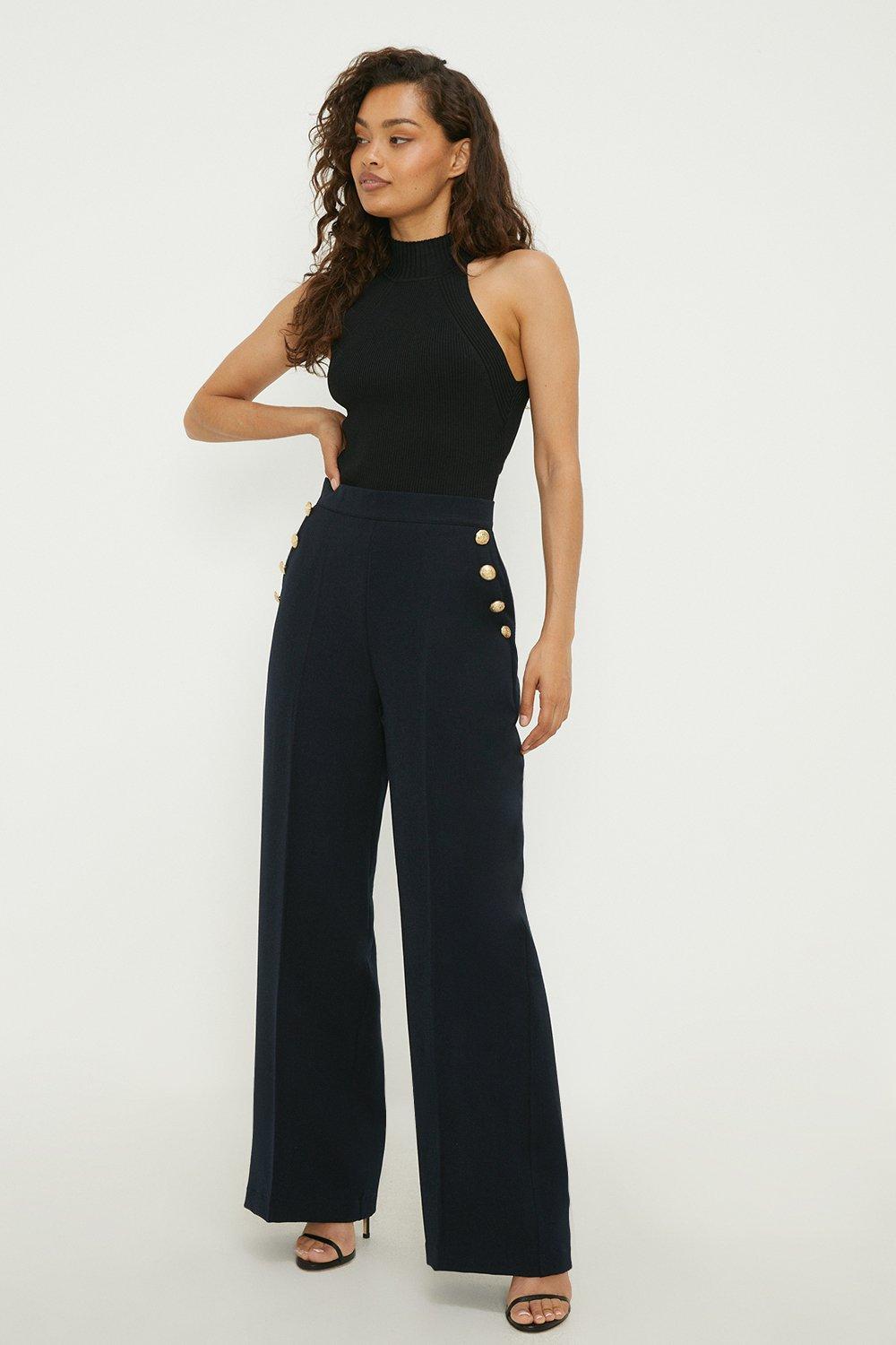Trousers | Petite Button Tailored Wide Leg Trouser | Dorothy Perkins