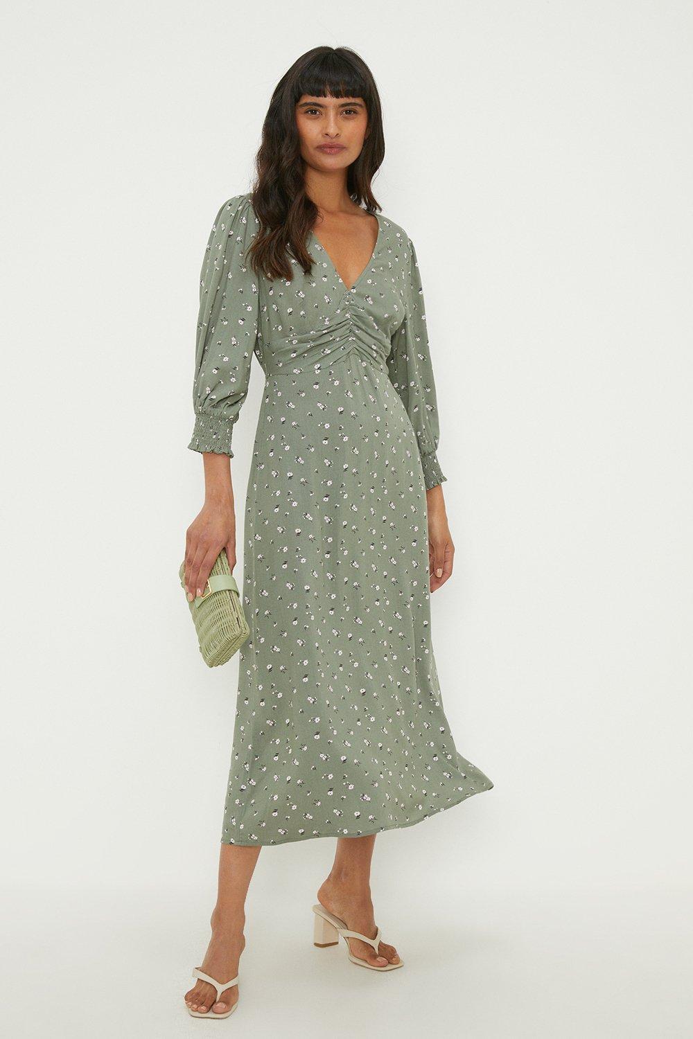 Womens Green Spaced Floral Ruched Front Shirred Cuff Midi Dress