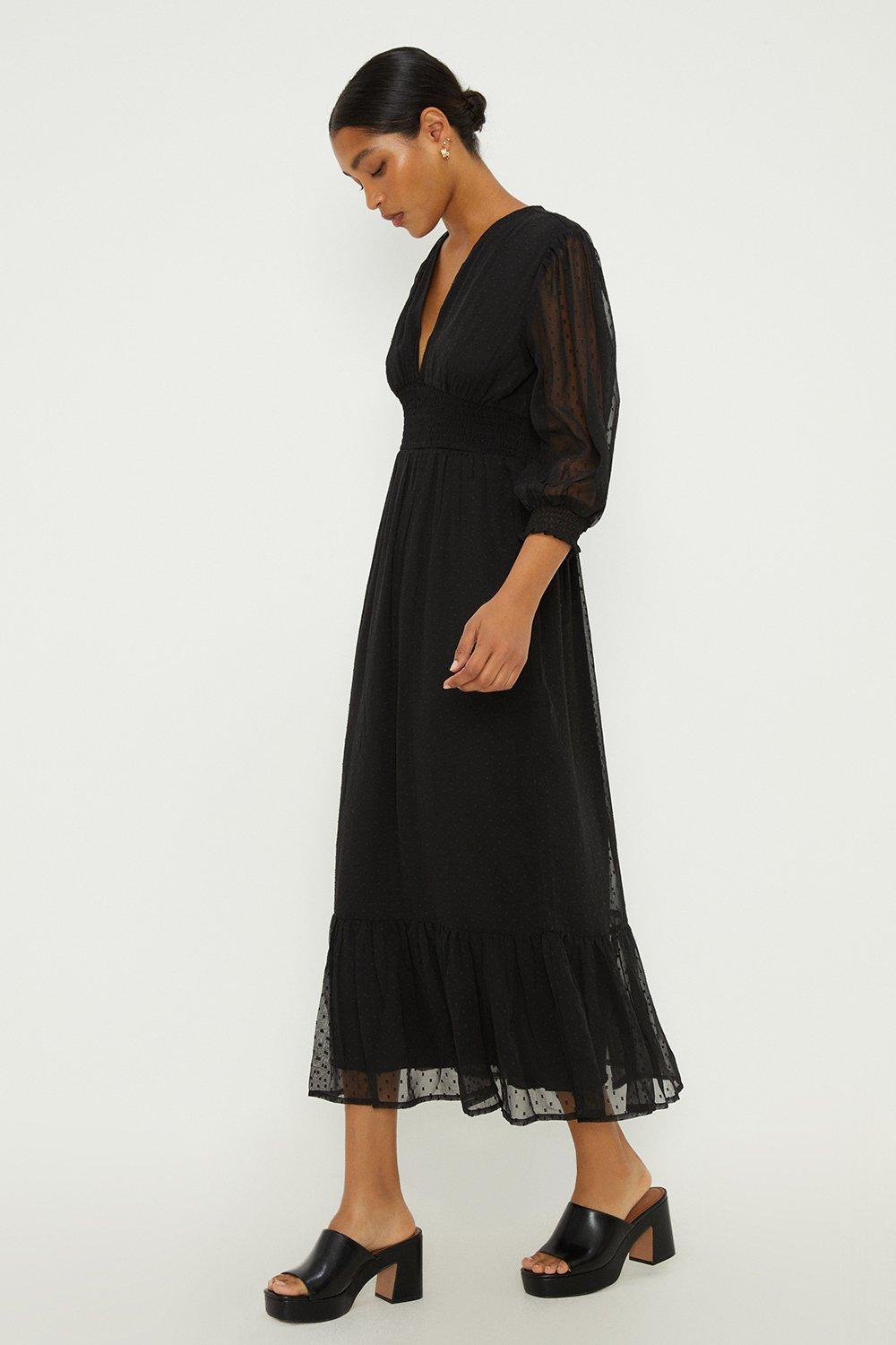 Dresses Black Dobby Chiffon Shirred Waist Midi Dress Dorothy