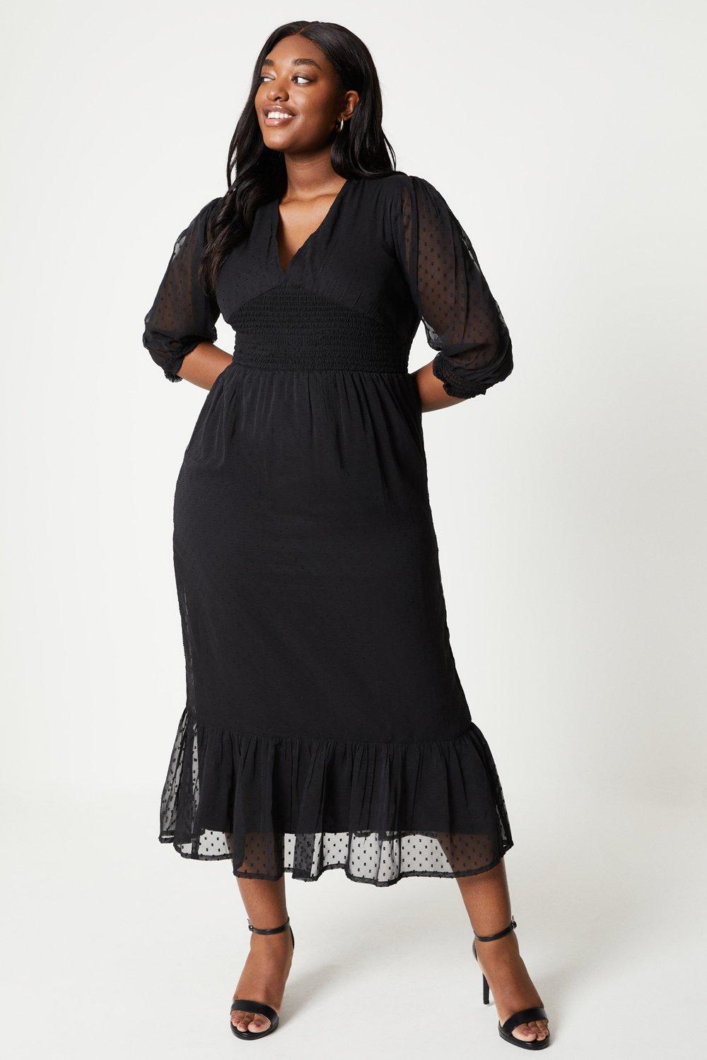Womens Curve Black Dobby Shirred Waist Midi Dress