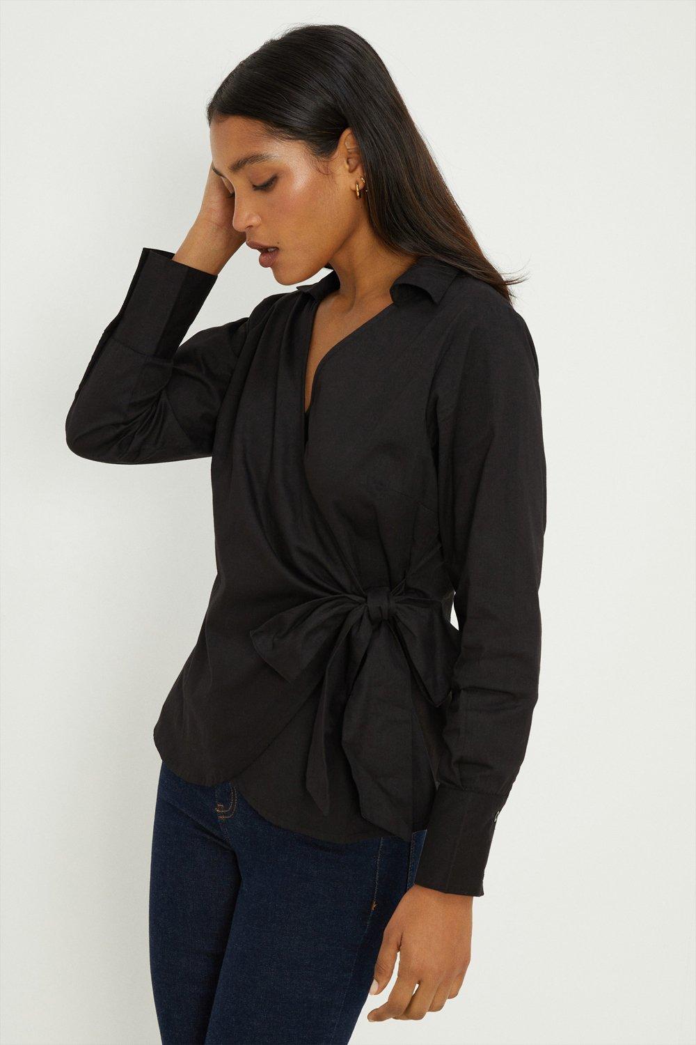 Women's Twill Wrap Long Sleeve Blouse - black - 16