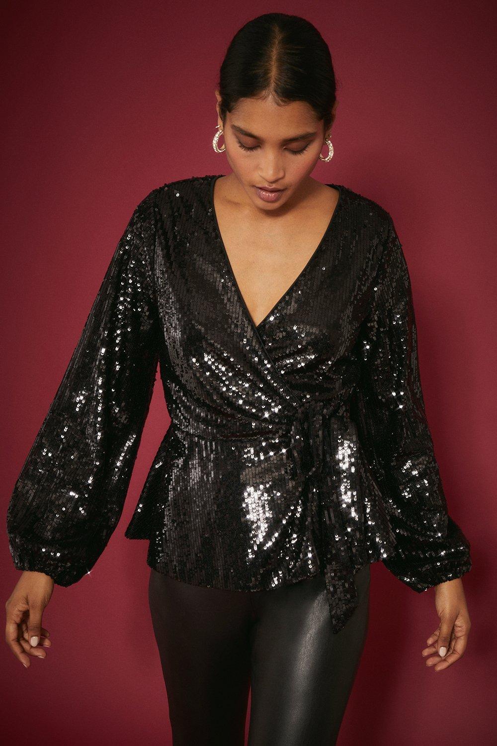 Women's Sequin Wrap Long Sleeve Blouse - black - 16