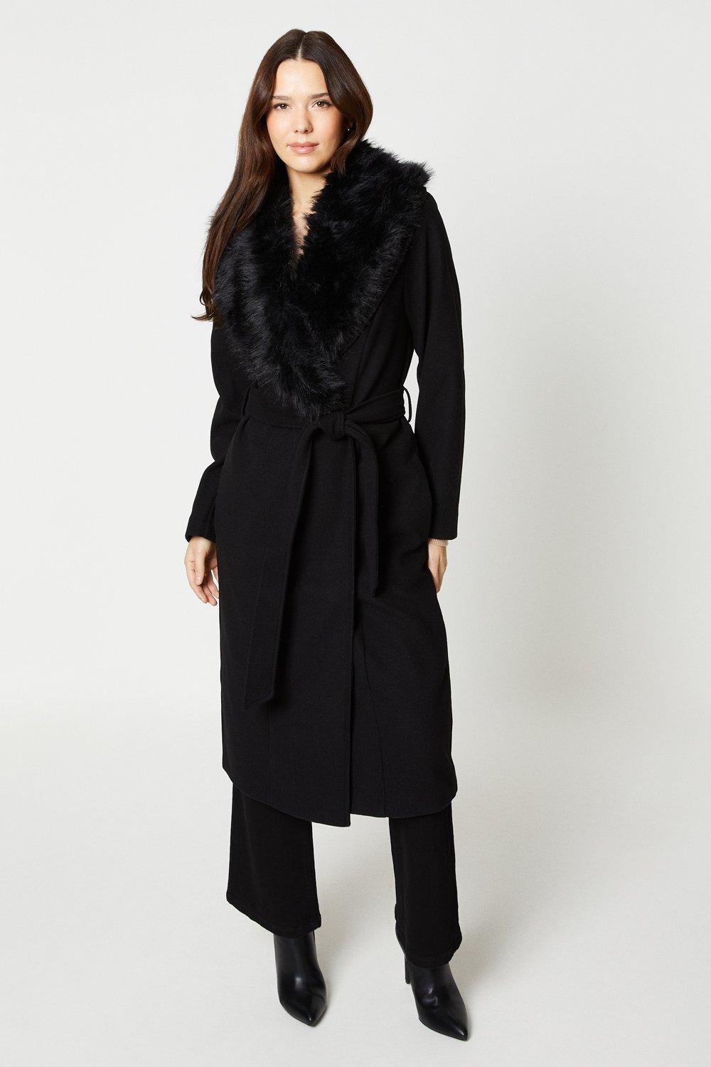 Women's Faux Fur Trim Longline Wrap Coat - black - S