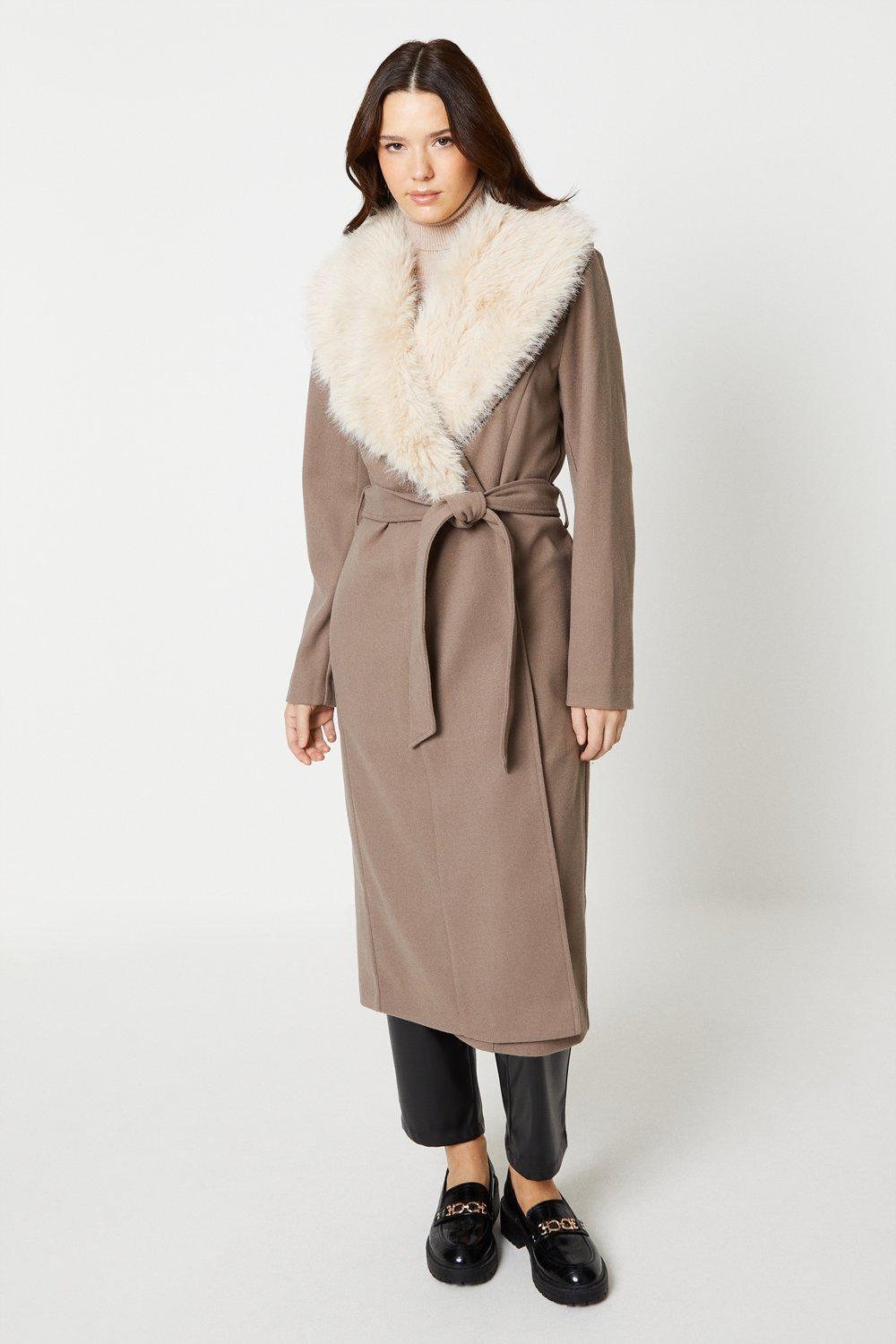 Women’s Faux Fur Trim Longline Wrap Coat - mink - XS
