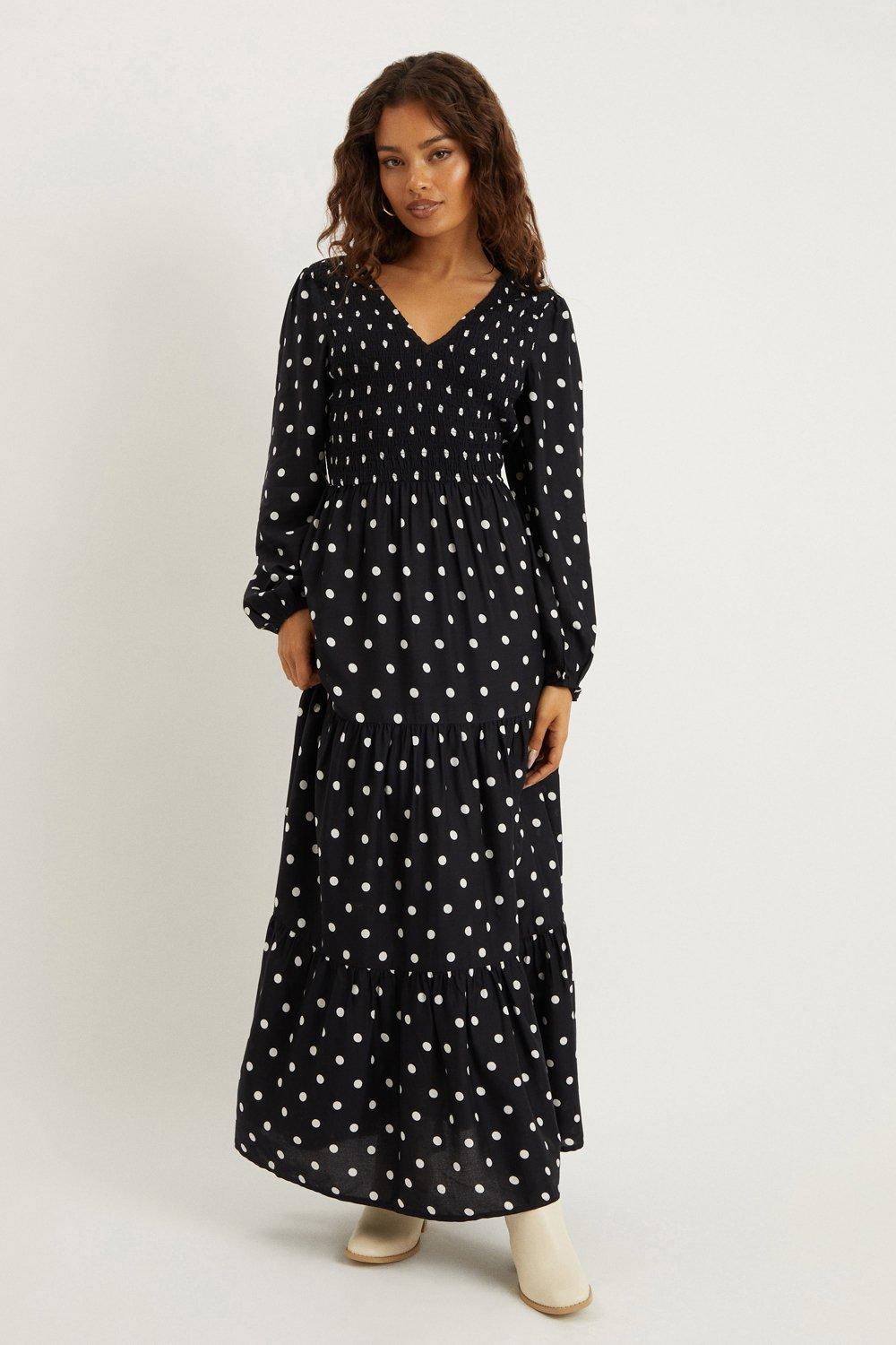 Womens Petite Black Spot Shirred Bodice Maxi Dress