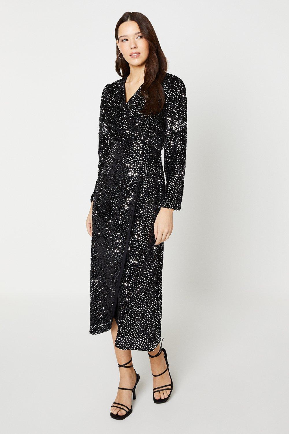 Women's Wrap Sequin Velvet Long Sleeve Midi Dress - silver - 12