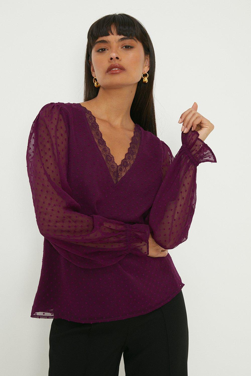 Women’s Dobby Chiffon Long Sleeve Blouse - purple - 14