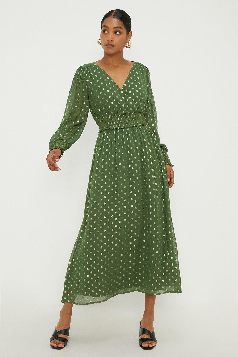 Women’s Green Shimmer Chiffon Shirred Waist Midi Dress - bottle green - 10