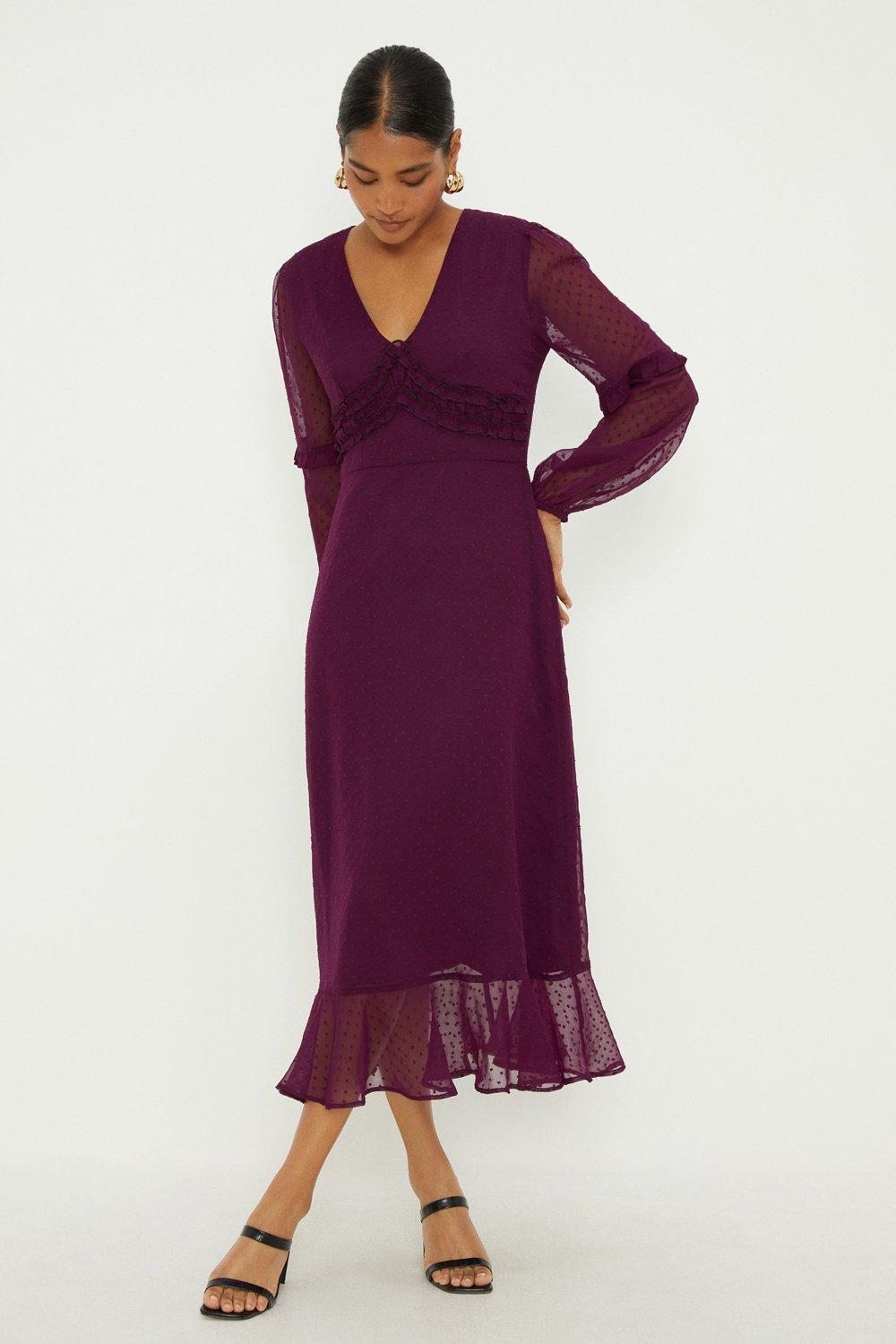Womens Purple Dobby Chiffon V Neck Midaxi Dress