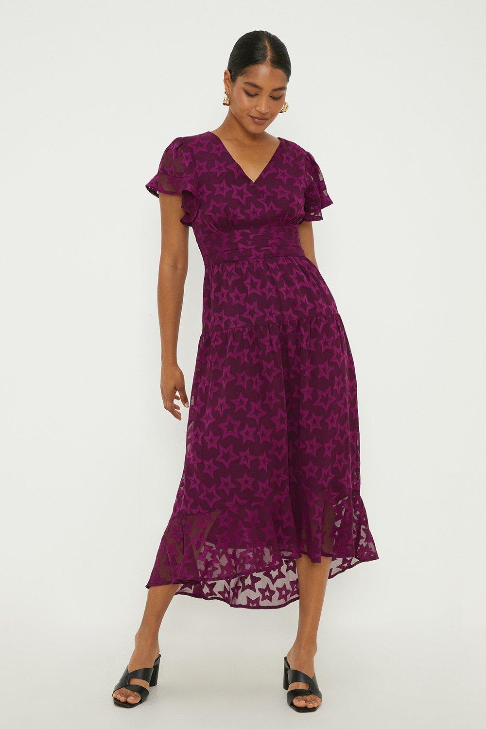 Women’s Jacquard Star V Neck Midi Dress - purple - 8