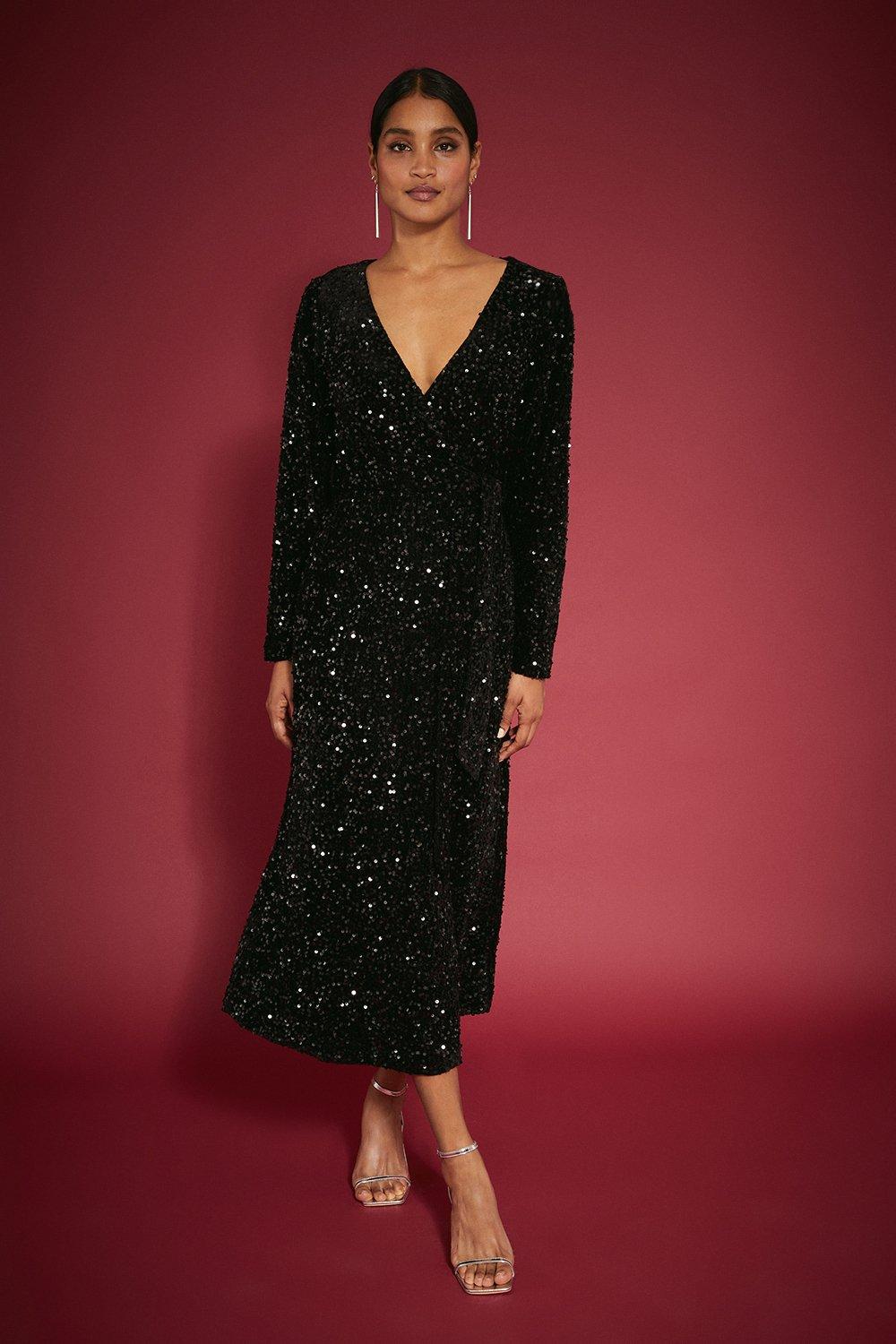 Women’s Tall Velvet Sequin Wrap Midi Dress - black - 8