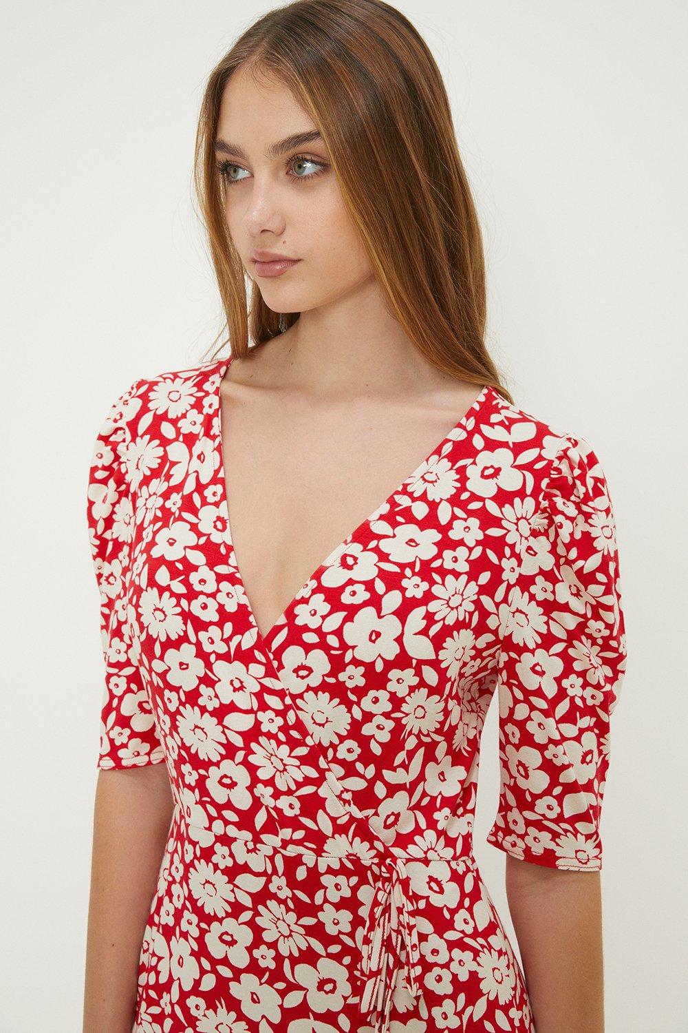 Red Floral Ruched Sleeve Wrap Dress