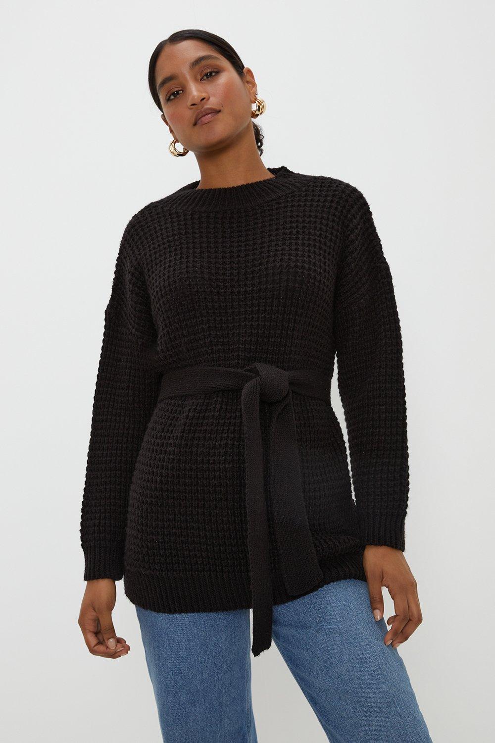 Women’s Belted Waffle Stitch Soft Knit Tunic - black - S