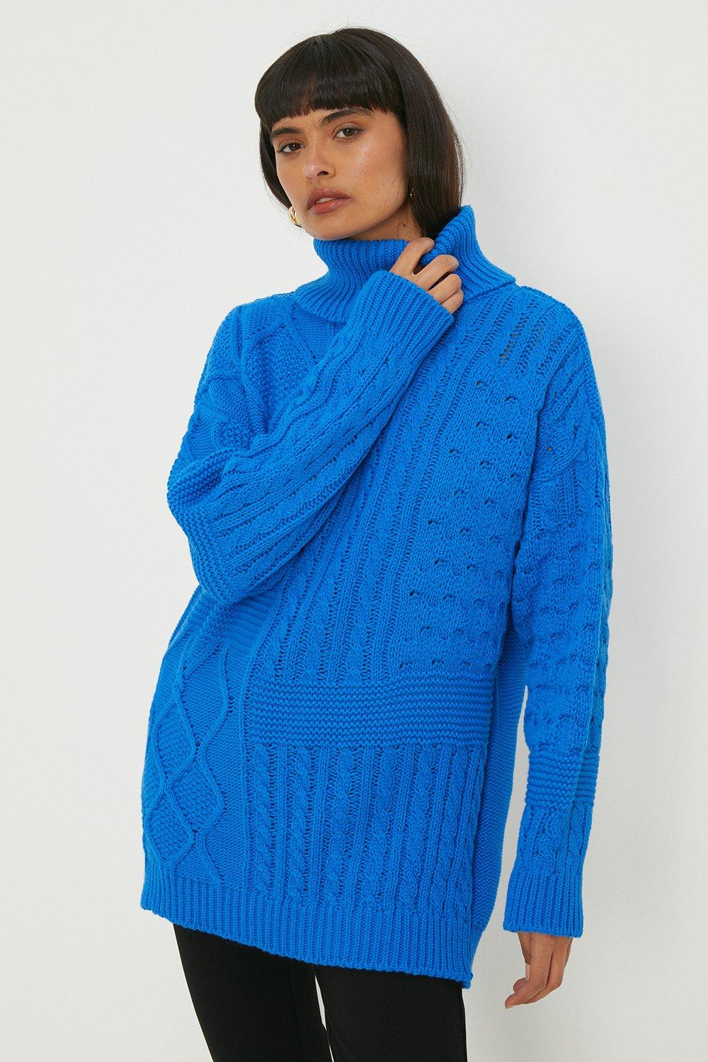 Women's Longline Roll Neck Multi Cable Chunky Jumper - bright blue - M
