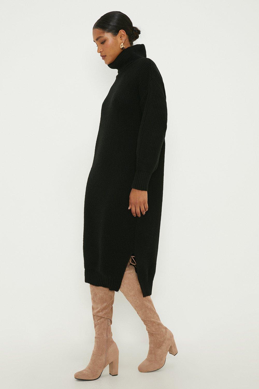 Womens Chunky Roll Neck Knitted Midi Dress