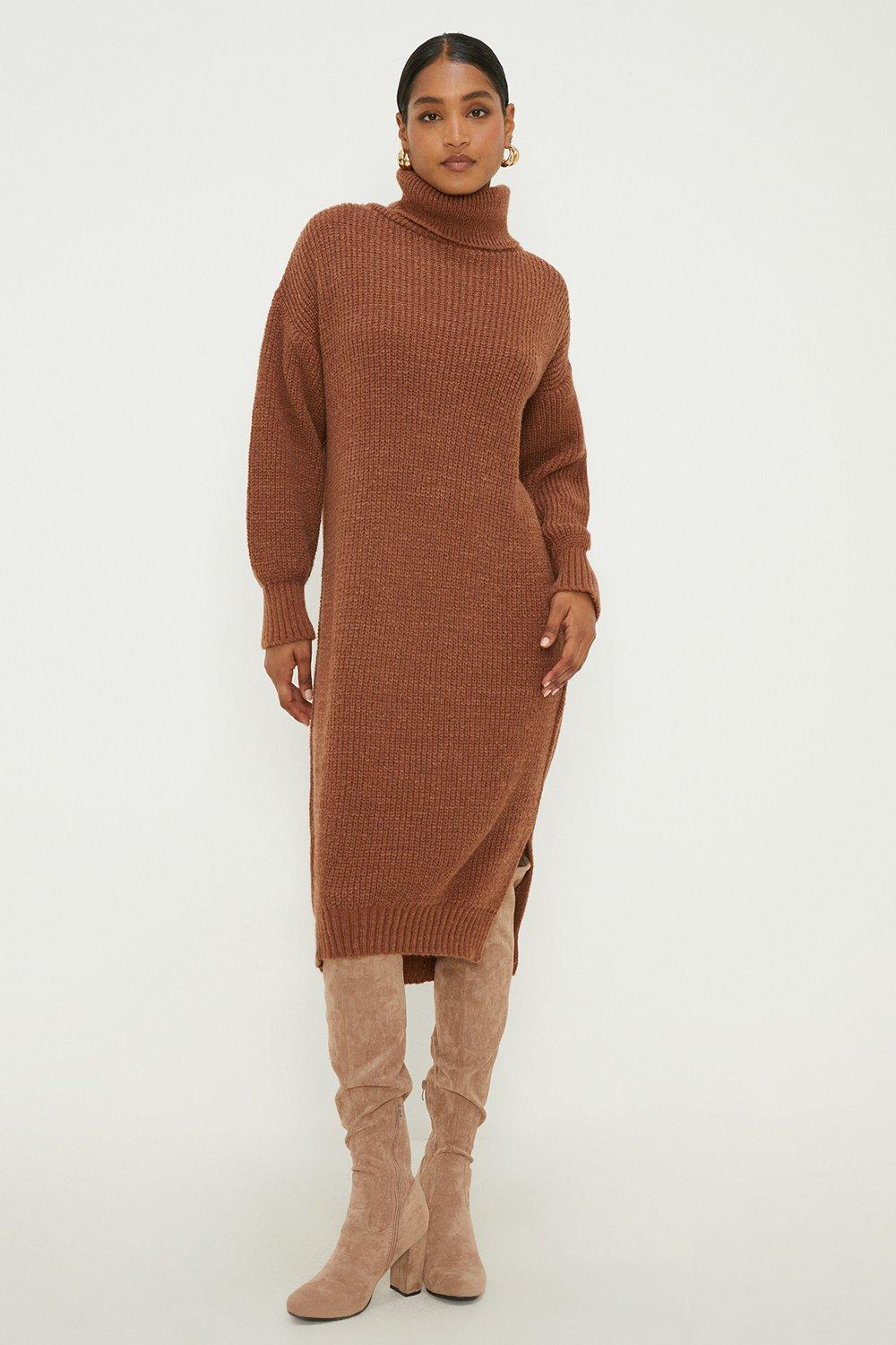 Womens Chunky Roll Neck Knitted Midi Dress