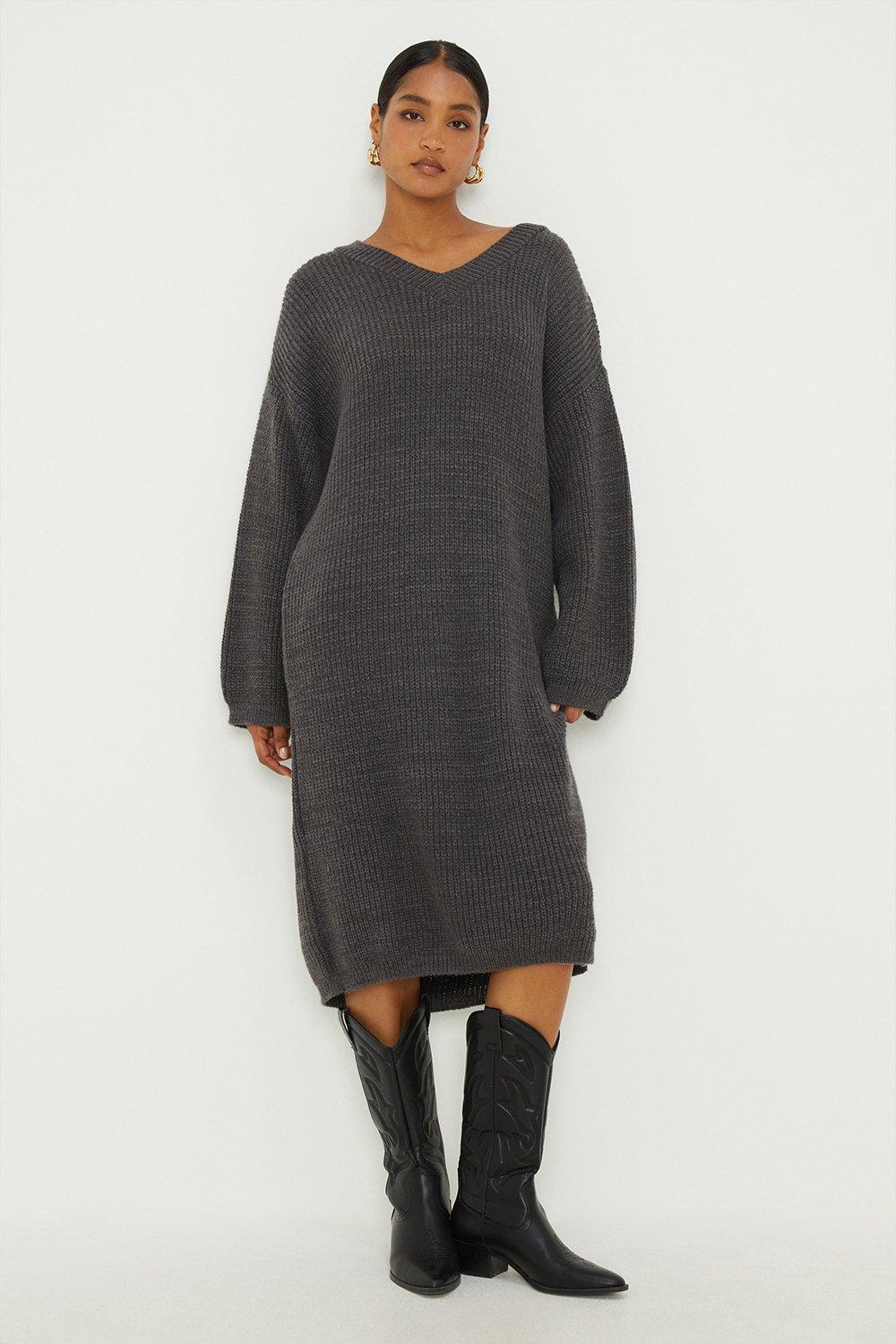 Women's V Neck Knitted Midi Dress - charcoal - S