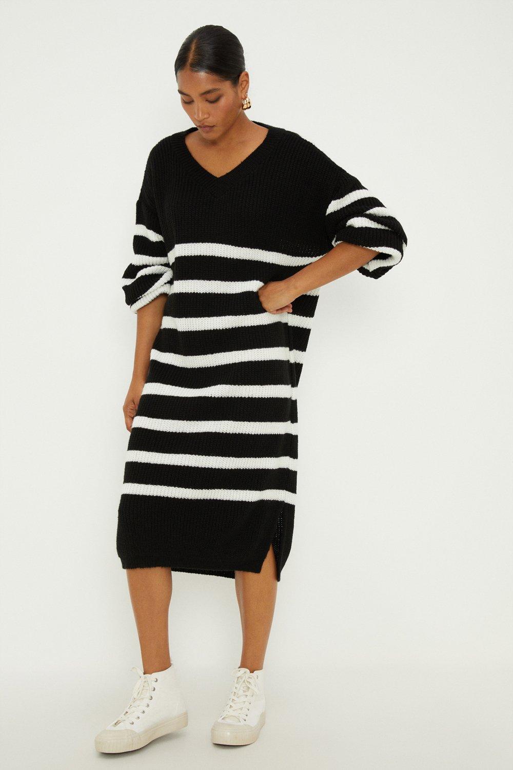 Women's Stripe V Neck Knitted Midi Dress - L
