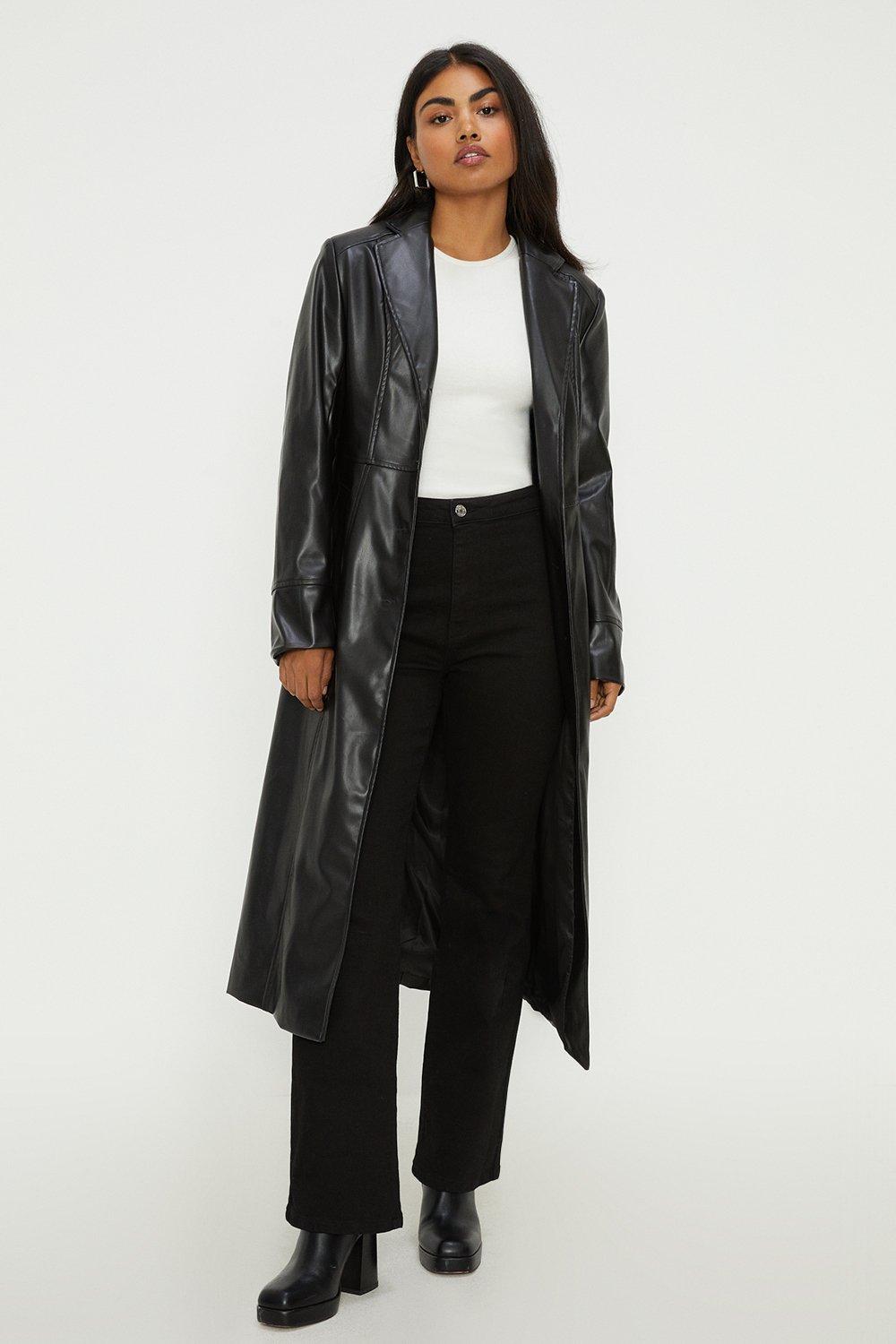 Women's Faux Leather Longline Fitted Coat - black - S