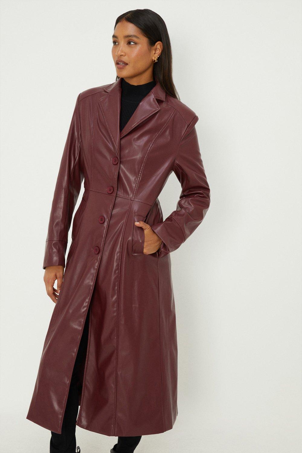 Image of Womens Faux Leather Longline Fitted Coat
