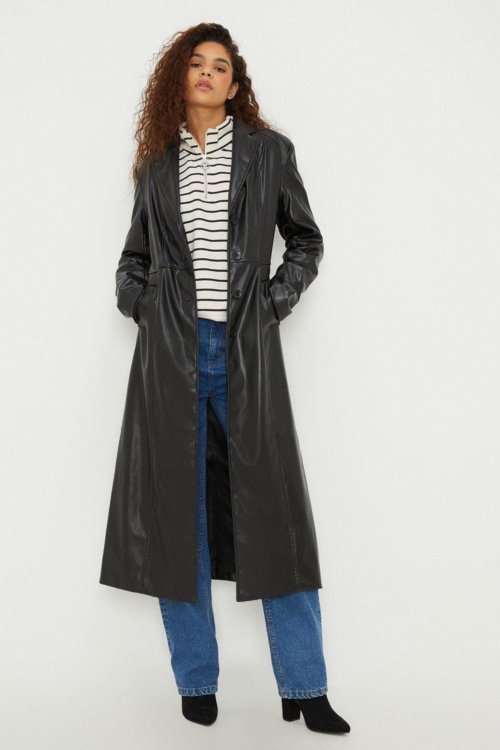 Image of Womens Tall Faux Leather Longline Fitted Coat