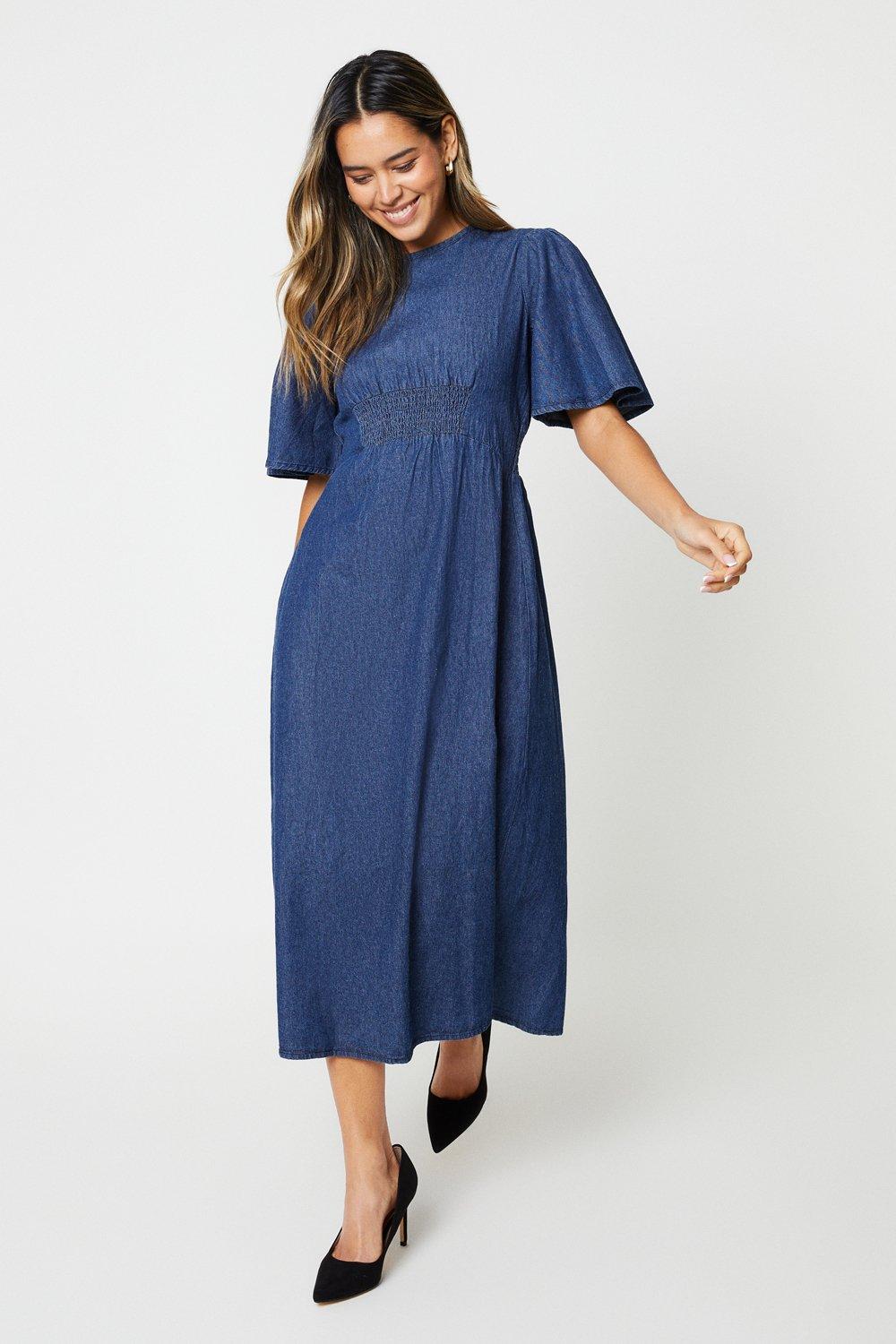 Women's Denim Shirred Waist Midi Dress - denim-blue - 16