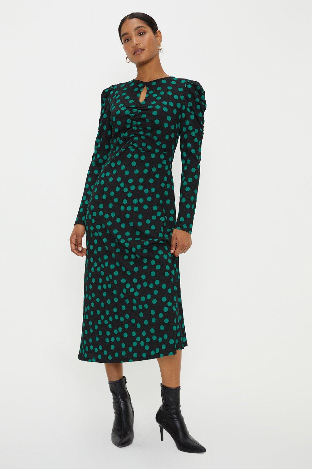 Womens Green Spot Key Hole Midi Dress