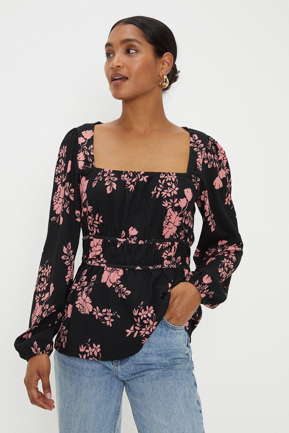 Womens Floral Square Neck Volume Sleeve Crinkle Jersey Top