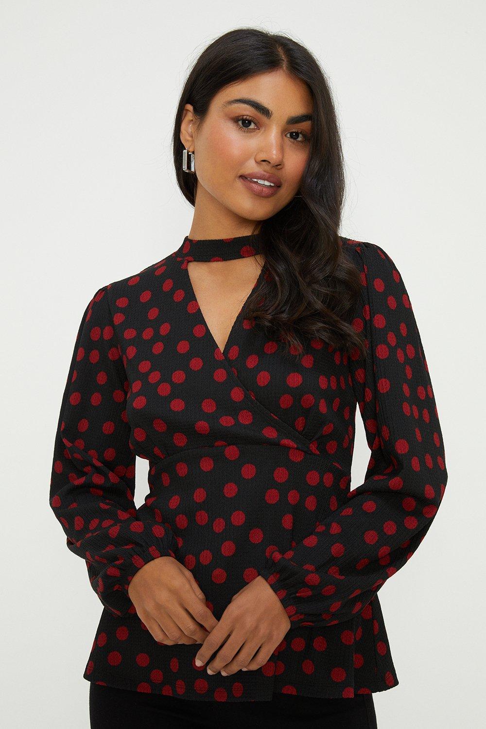 Tops Spot Cut Out Blouson Sleeve Peplum Crinkle Jersey Top Dorothy Perkins