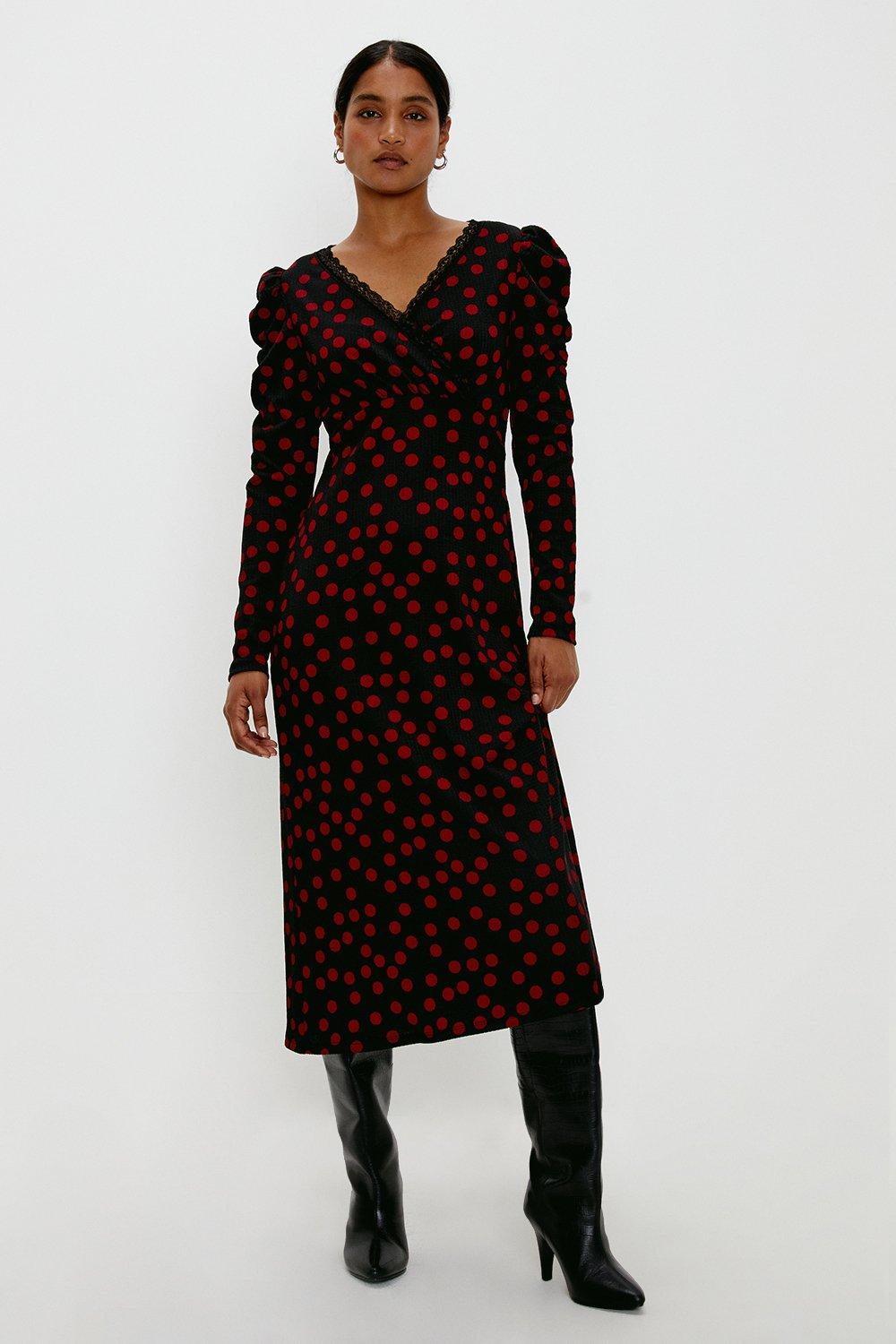 Women’s Berry Spot Lace Trim Wrap Midi Dress - black - 12